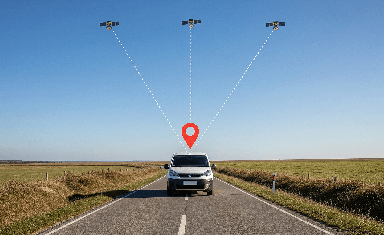 Illustration d'une voiture géolocalisée par trois satellites